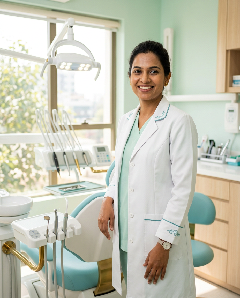 Friendly dentist beside modern dental equipment